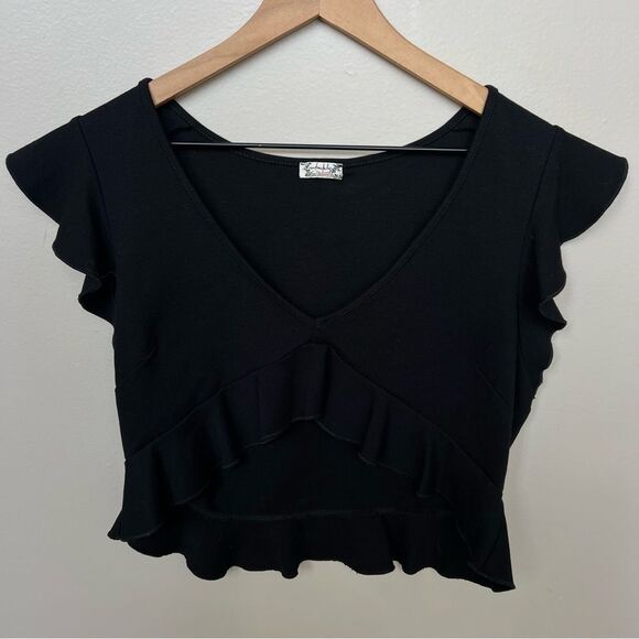 Free People Intimately Black Ruffle Plunge V-Neck Crop Top Peplum Size Large - Picture 4 of 10
